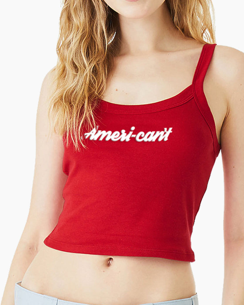 Red Eleven27 tank top with 'ameri-can't' text worn by a person on a white background