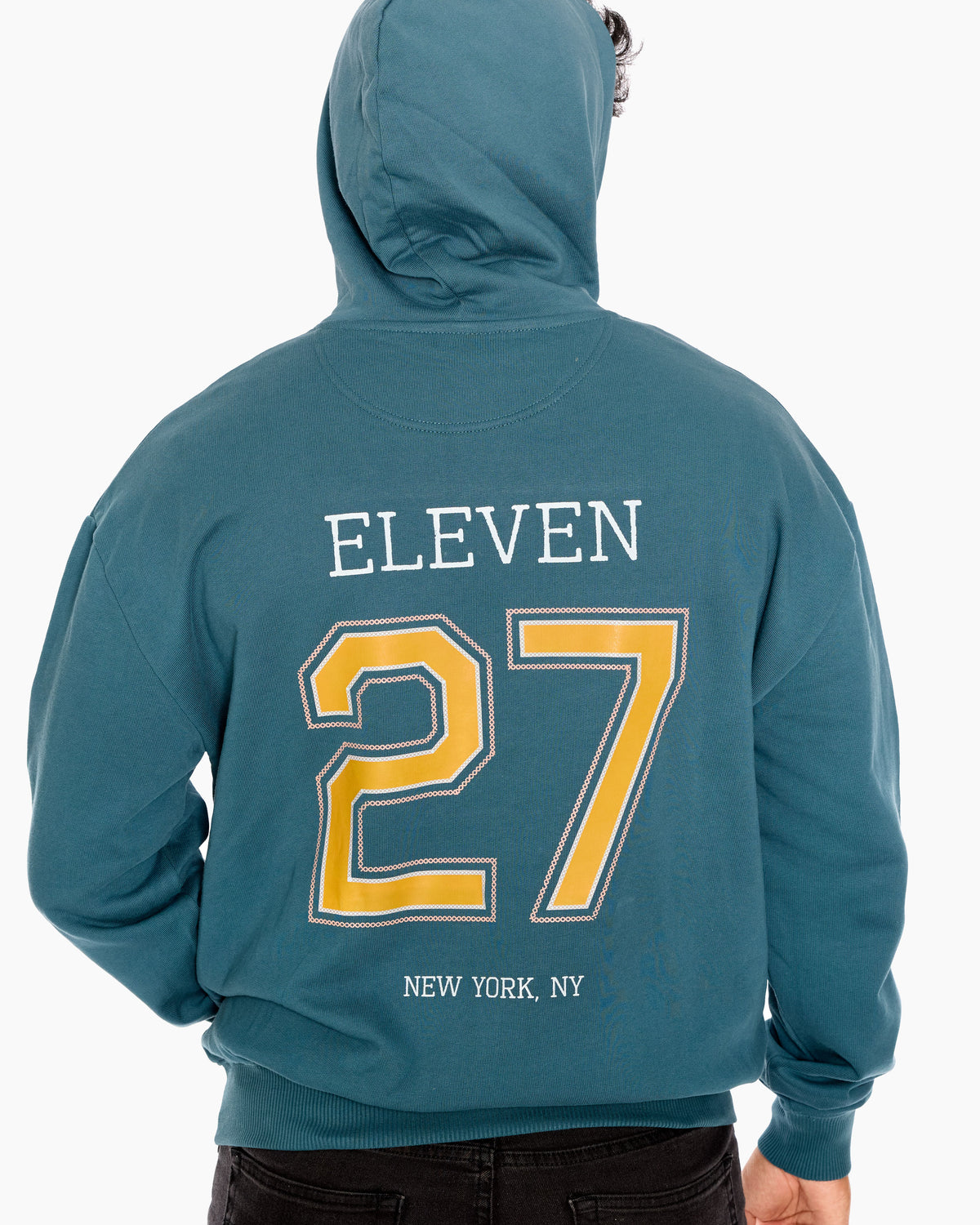 Teal hoodie with 'ELEVEN 27 NEW YORK, NY' text on the back against a white background