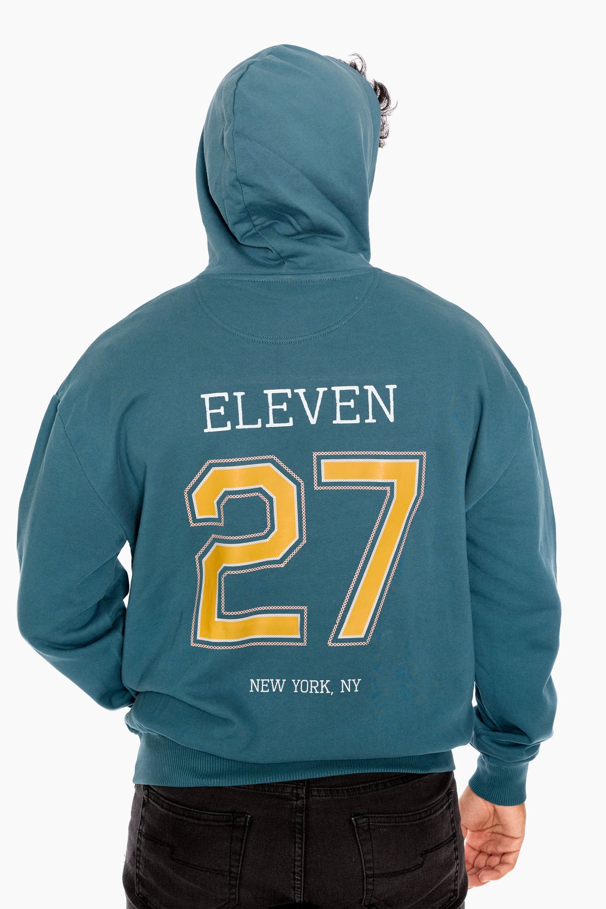 Teal hoodie with 'ELEVEN 27 NEW YORK, NY' text on the back against a white background