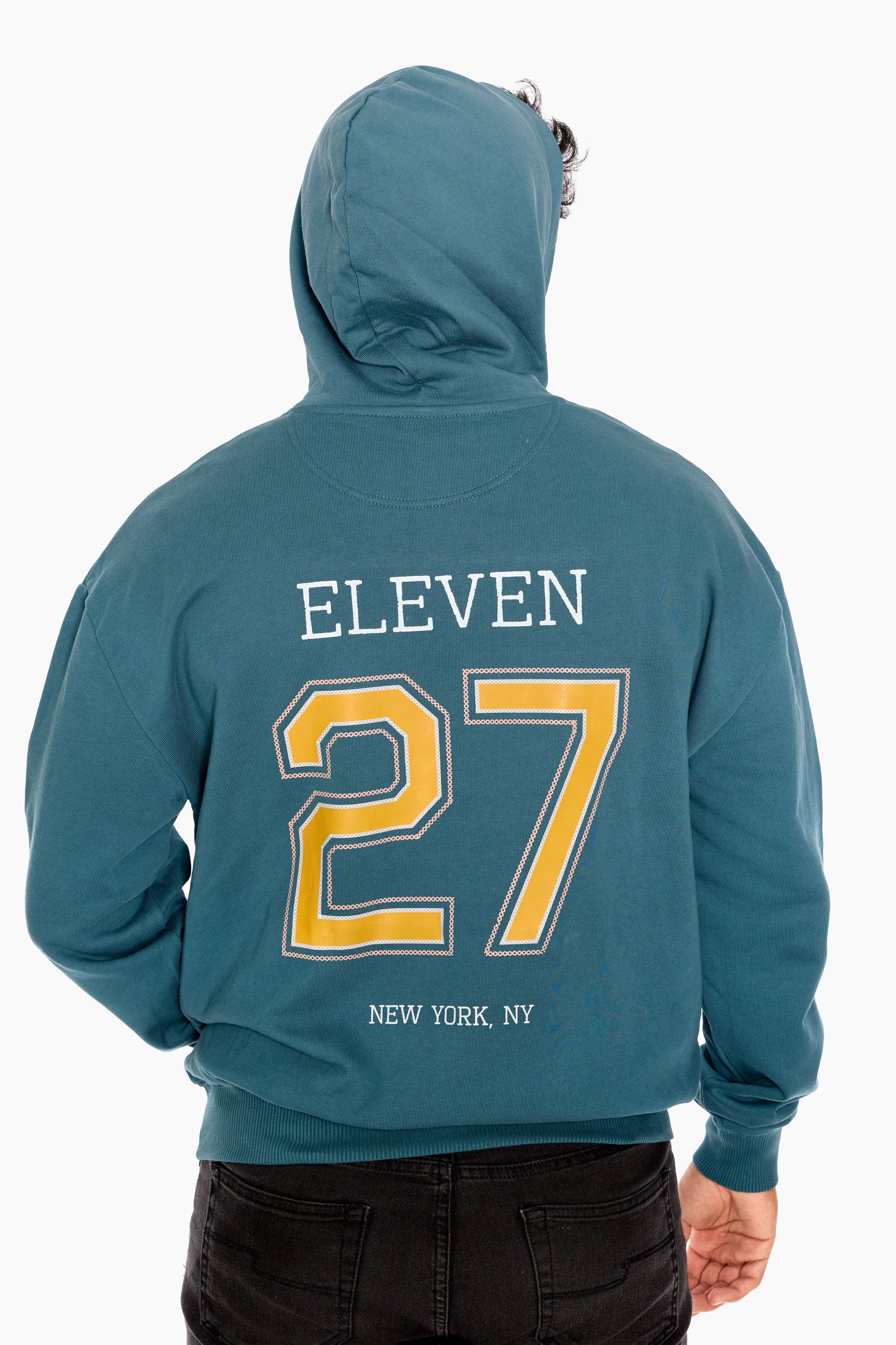 Teal hoodie with 'ELEVEN 27 NEW YORK, NY' text on the back against a white background