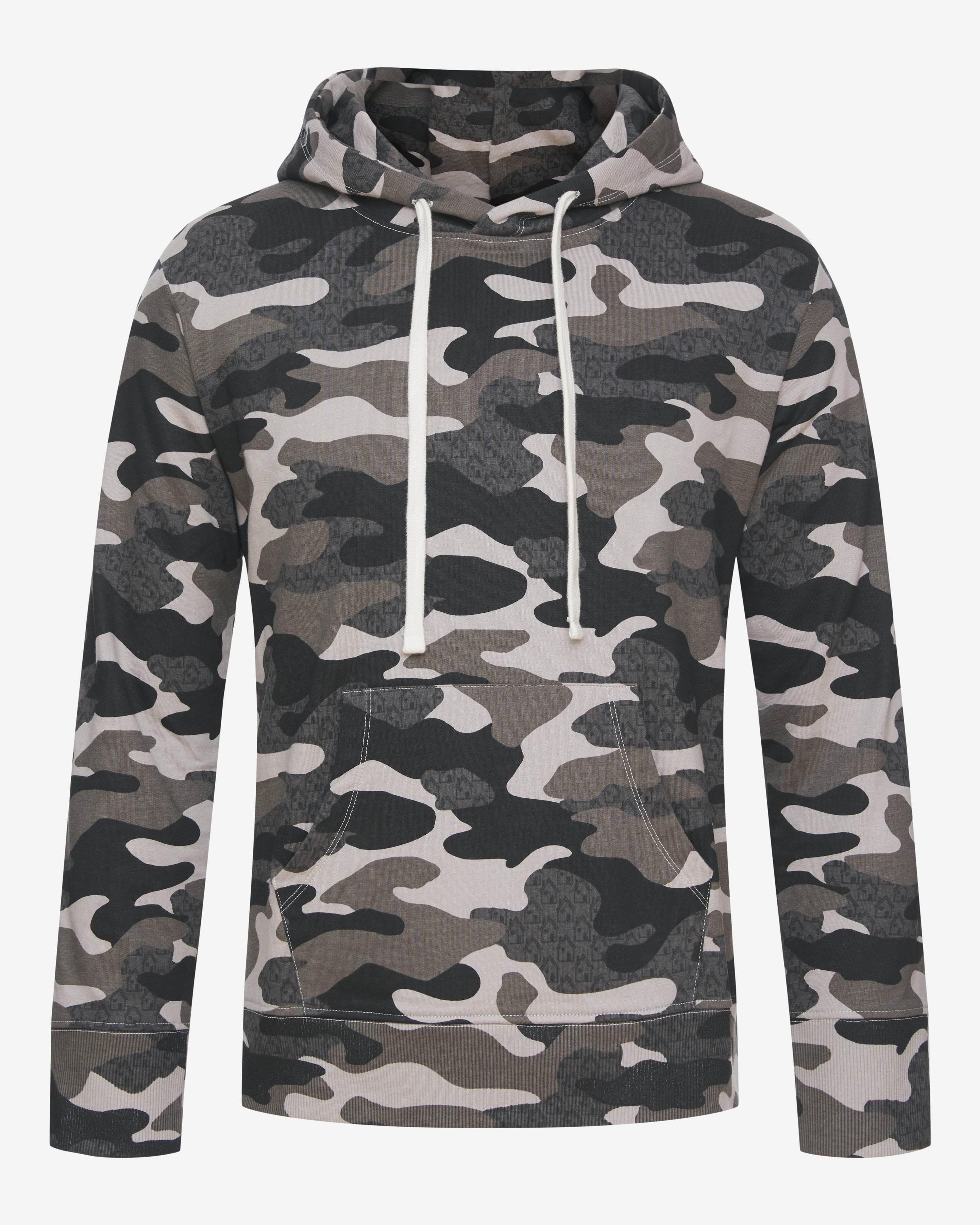 Shades of grey Camo printed full length hoodie. Contrast hoodie pulls. Long Sleeves. Kangaroo pocket.