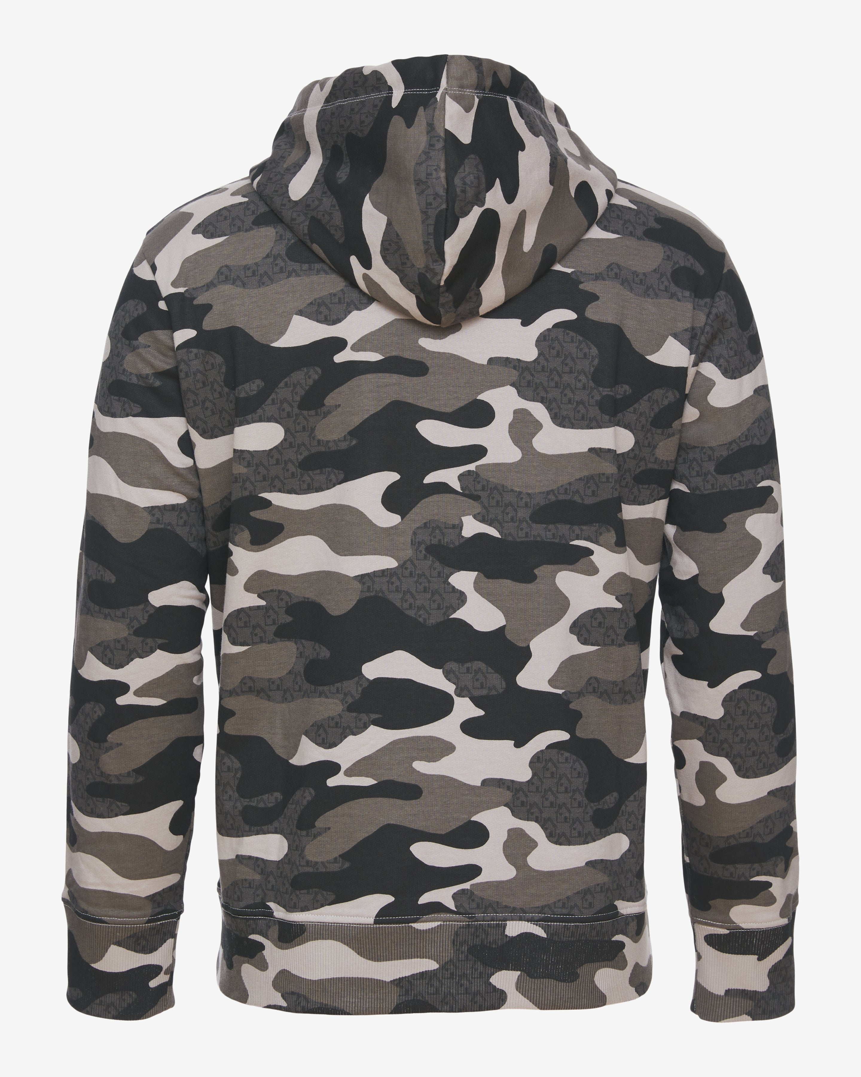 Back view of shades of grey Camo printed full length hoodie. Long Sleeves.