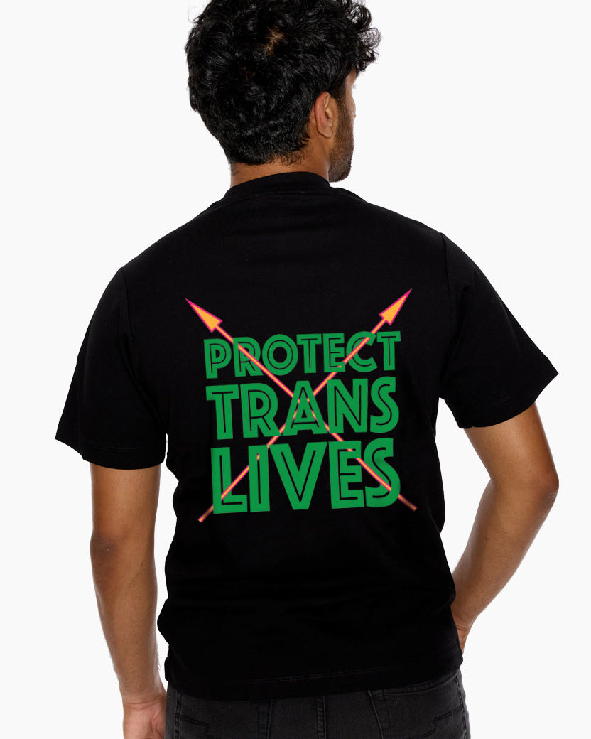 Person wearing a black t-shirt with 'PROTECT TRANS LIVES' text on the back.