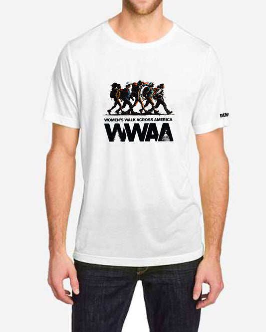 White t-shirt with 'WWAA' logo worn by a person on a white background