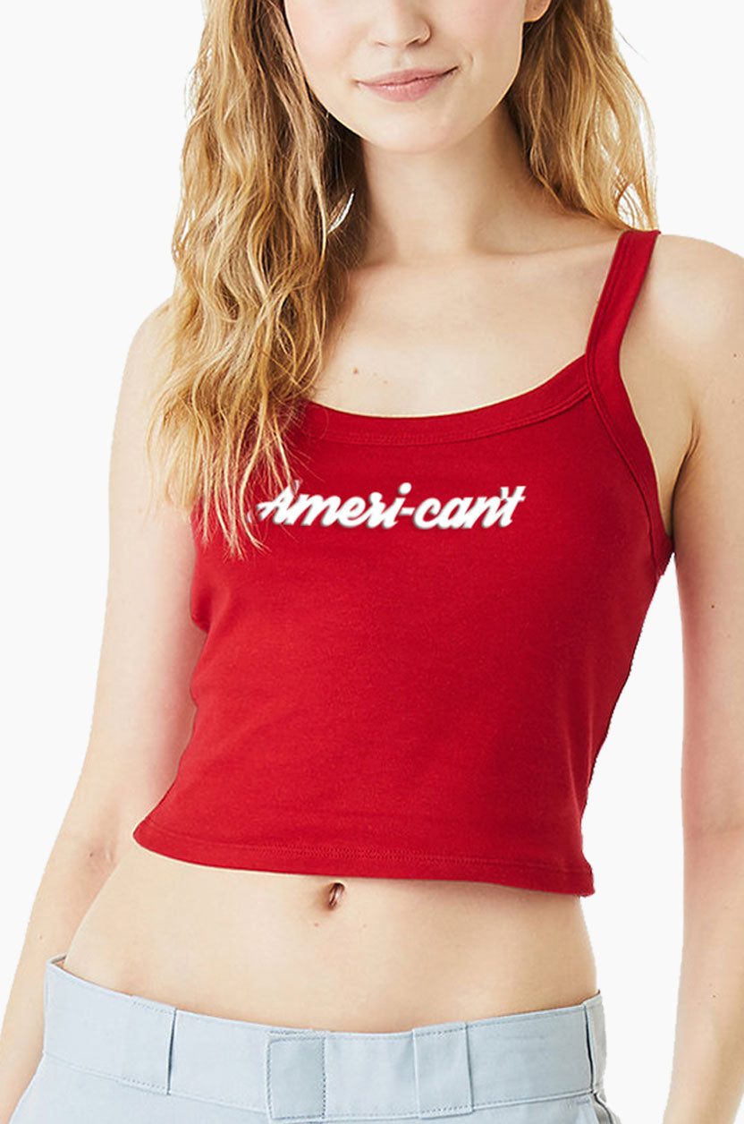 Red Eleven27 tank top with 'ameri-can't' text worn by a person on a white background