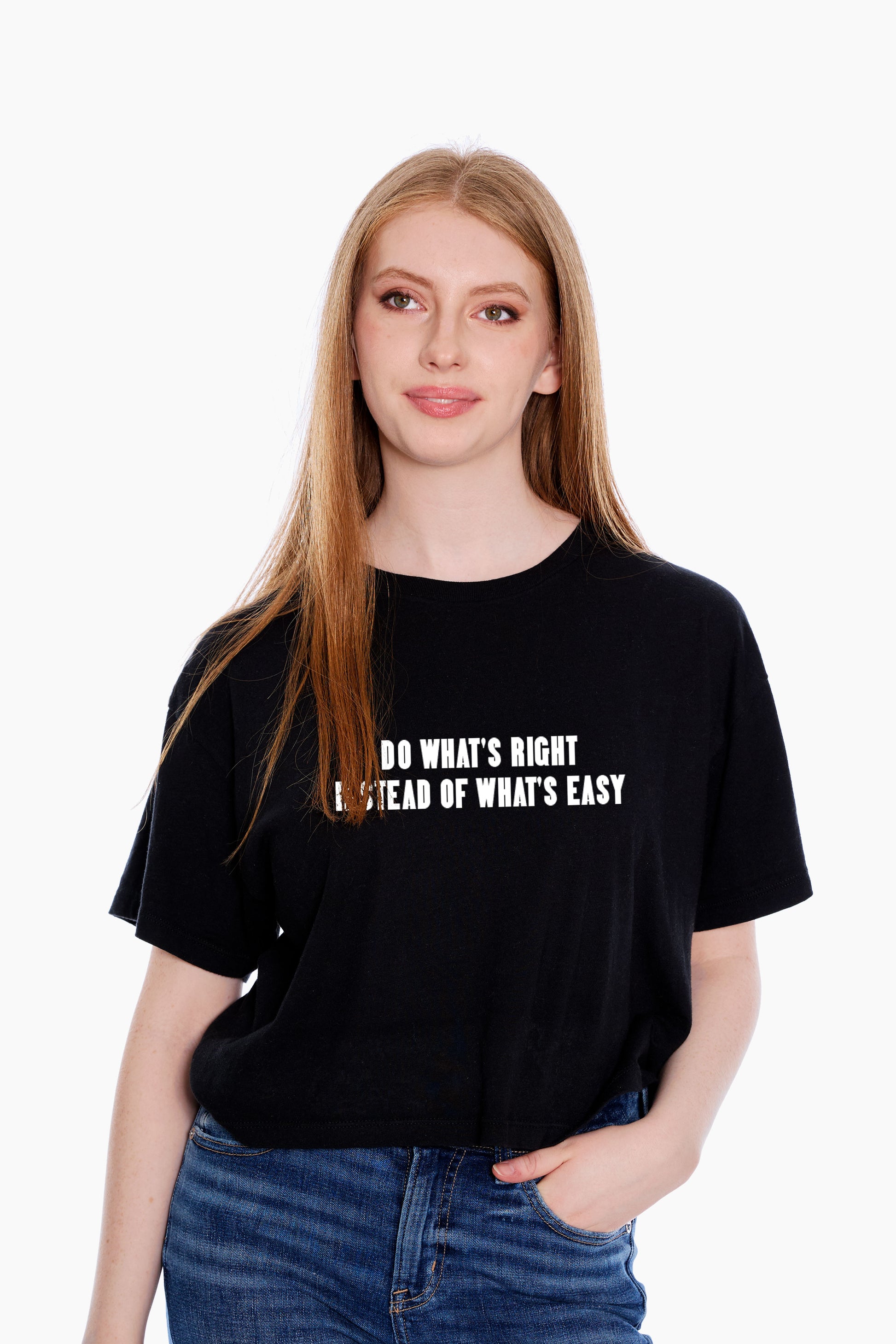 Person wearing a black t-shirt with text on a white background