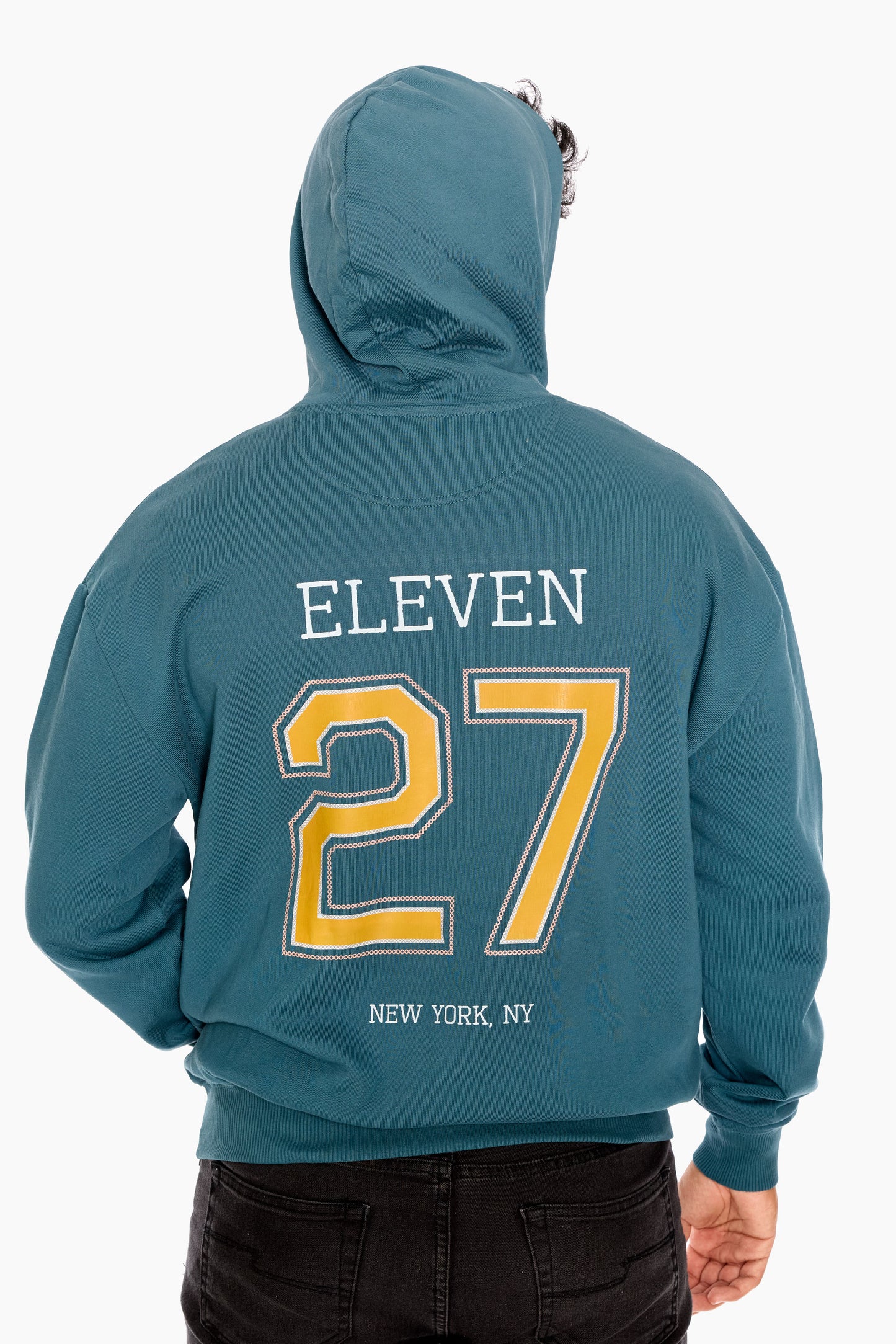 Teal hoodie with 'ELEVEN 27 NEW YORK, NY' text on the back against a white background