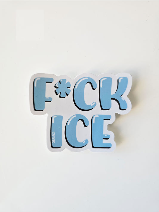 Sticker with 'F*CK ICE' text on a white background