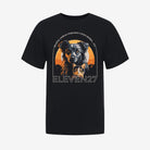 Black tshirt with graphic of a dog and a cat in a gray, orange, black color scheme. Tshirt sales support an animal shelter in need of support. Graphic also includes the brand name Eleven27 in ivory outline, with the words "Helping animals who don't have homes... yet".