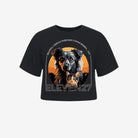 Black cropped tshirt with graphic of a dog and a cat in a gray, orange, black color scheme. Tshirt sales support an animal shelter in need of support. Graphic also includes the brand name Eleven27 in ivory outline, with the words "Helping animals who don't have homes... yet".