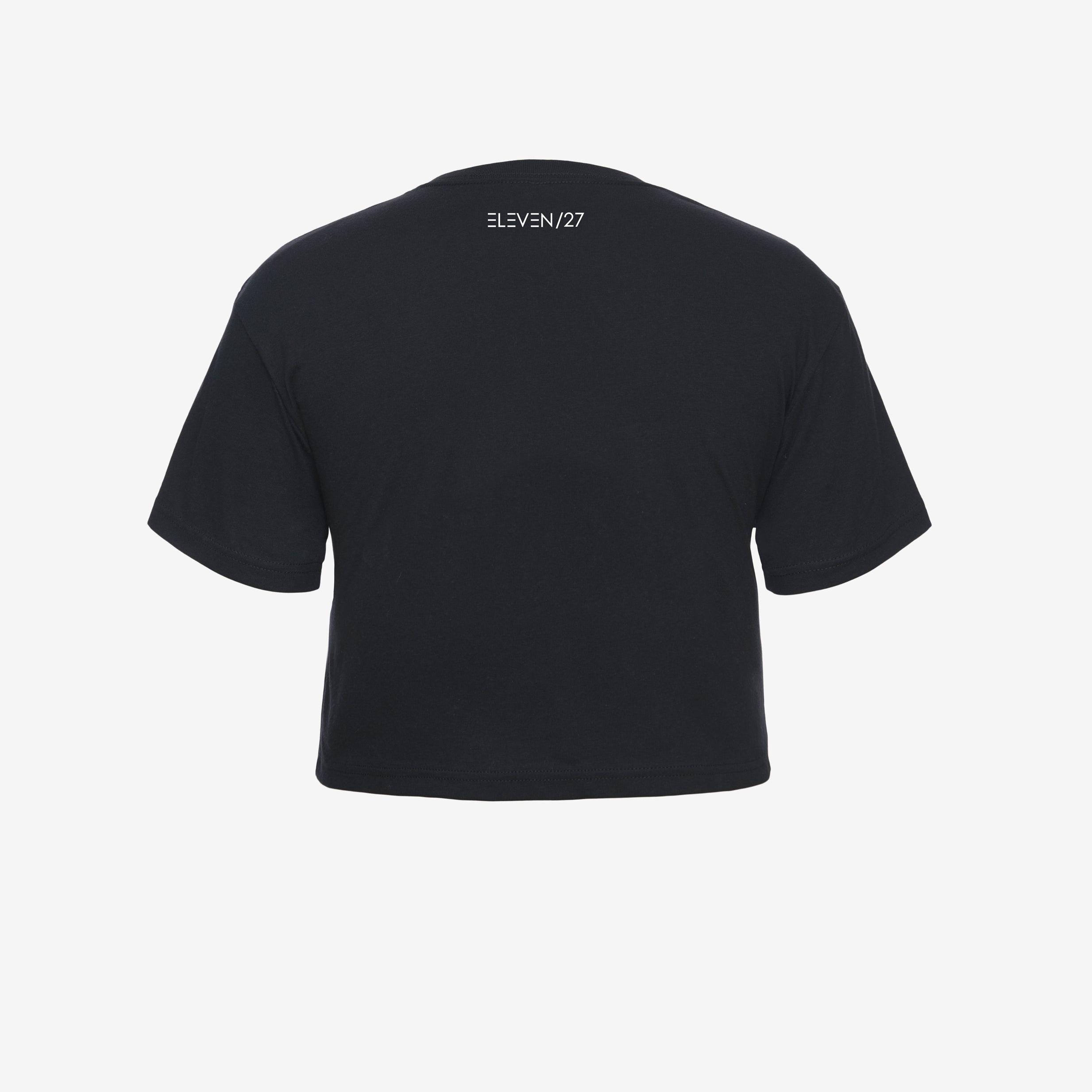 back view of black cropped tshirt with Eleven/27 logo