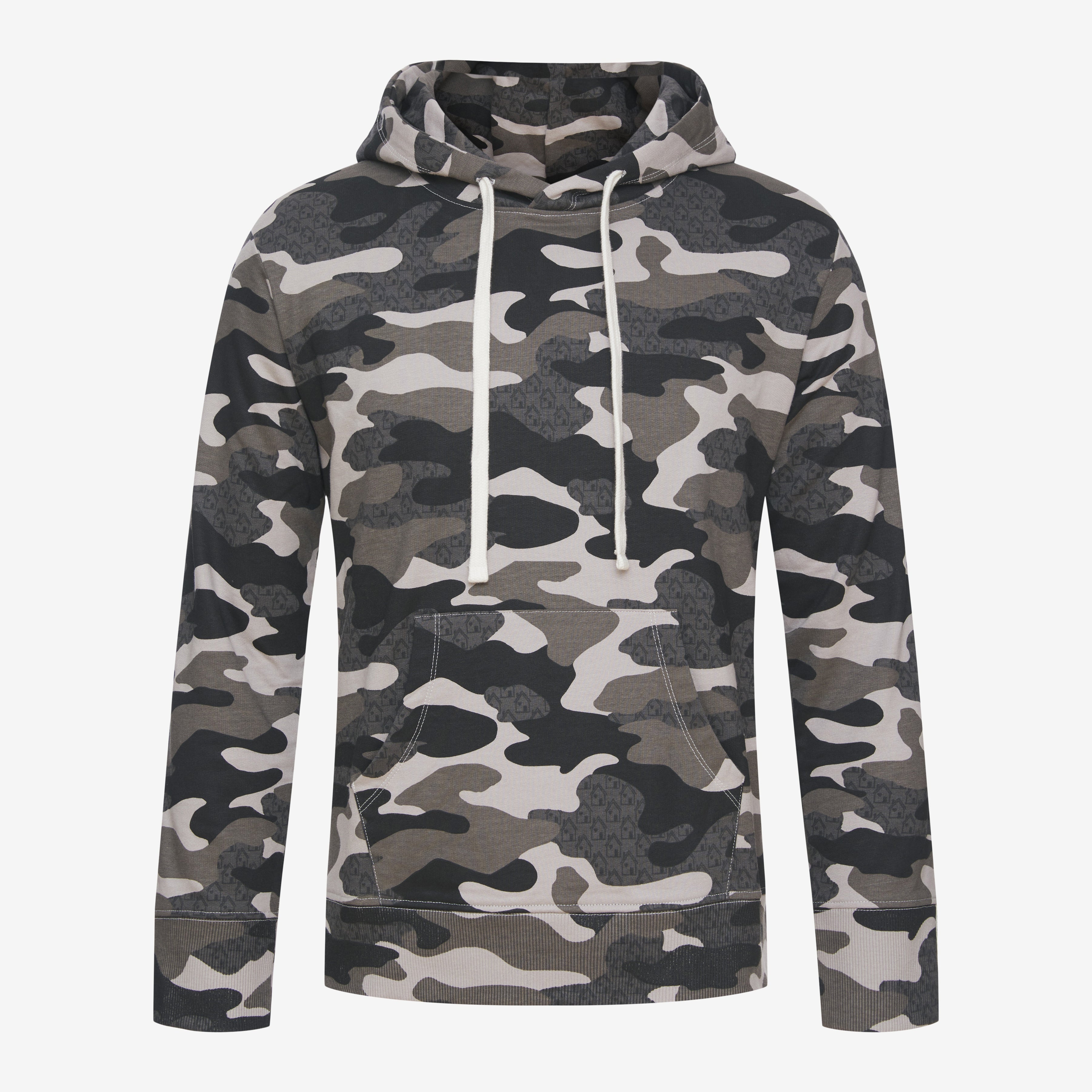 Shades of grey Camo printed full length hoodie. Contrast hoodie pulls. Long Sleeves. Kangaroo pocket.