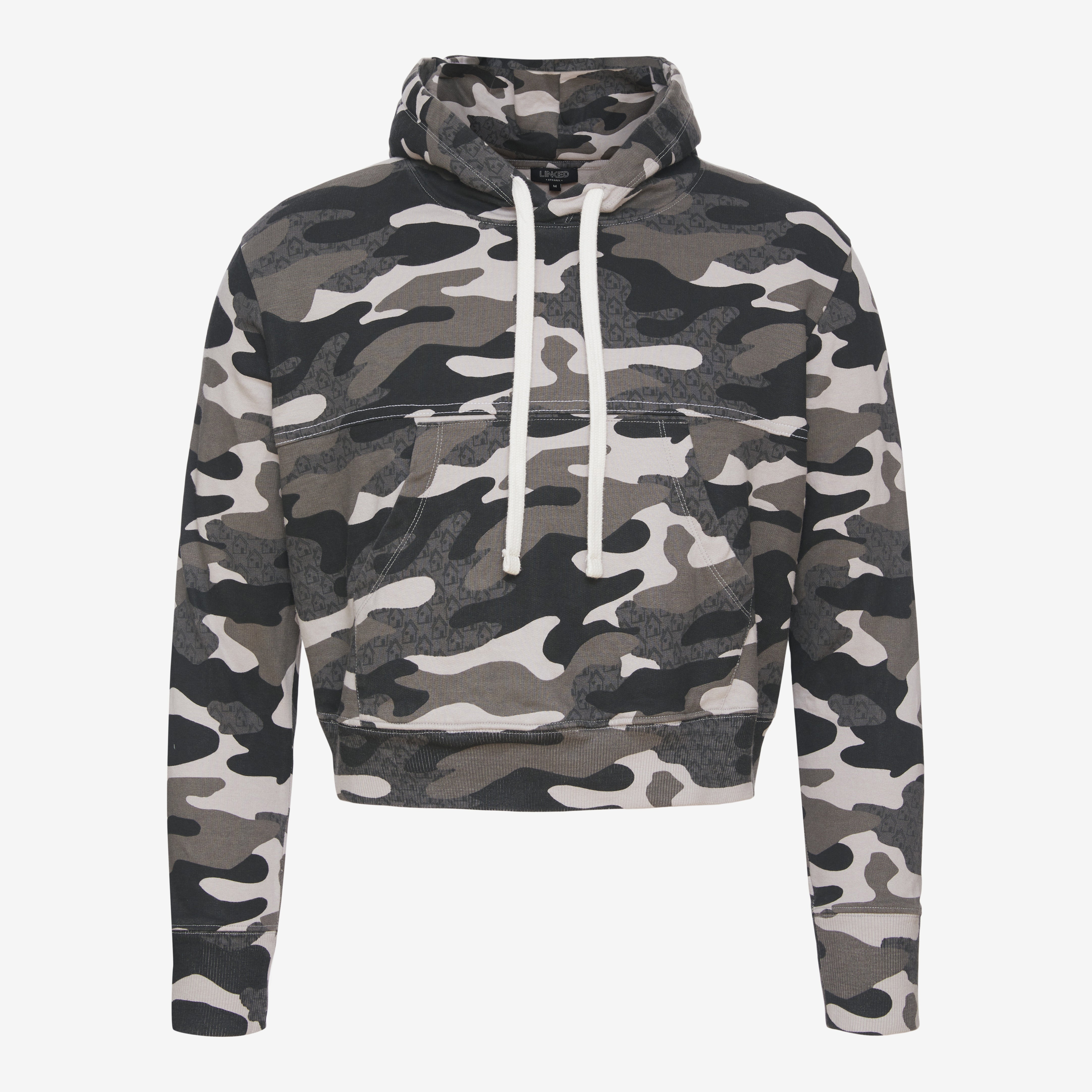 Shades of grey Camo printed cropped hoodie with contrast stitch seam detail above bust. Contrast hoodie pulls. Long Sleeves. Kangaroo pocket.