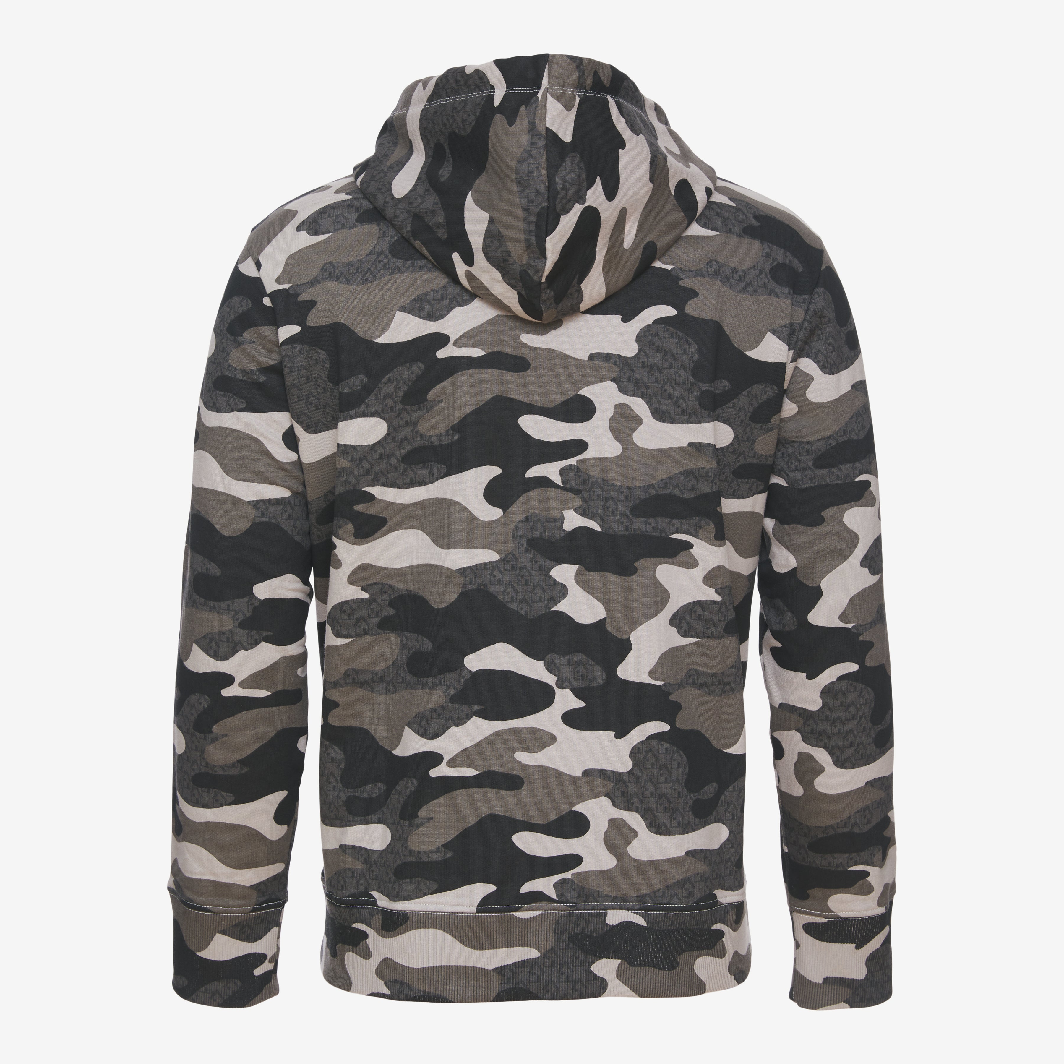 Back view of shades of grey Camo printed full length hoodie. Long Sleeves.