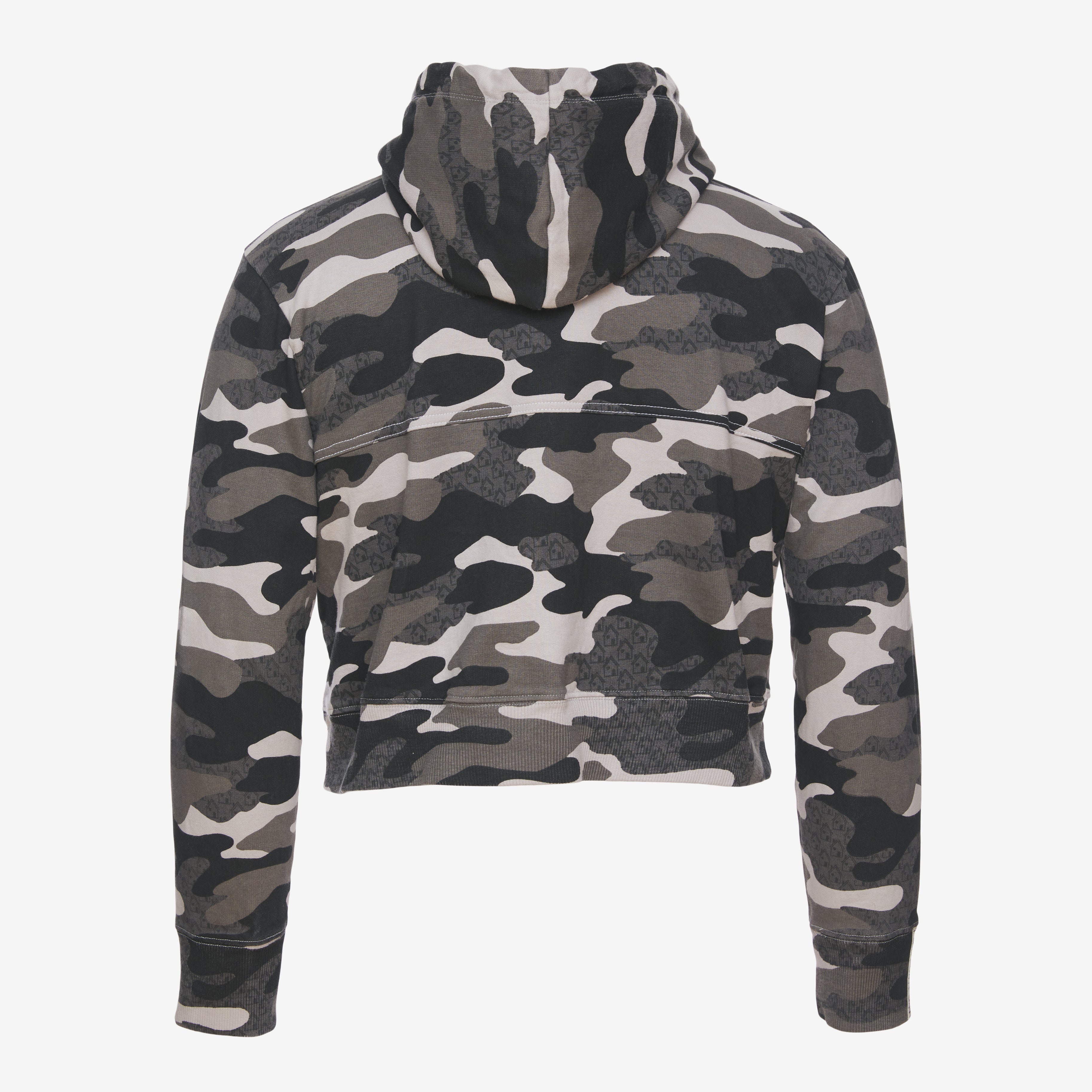 Back view of Shades of grey Camo printed cropped hoodie with contrast stitch seam detail. Long Sleeves.