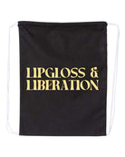 Black drawstring bag with 'Lipgloss & Liberation' text in butter yellow on a white background