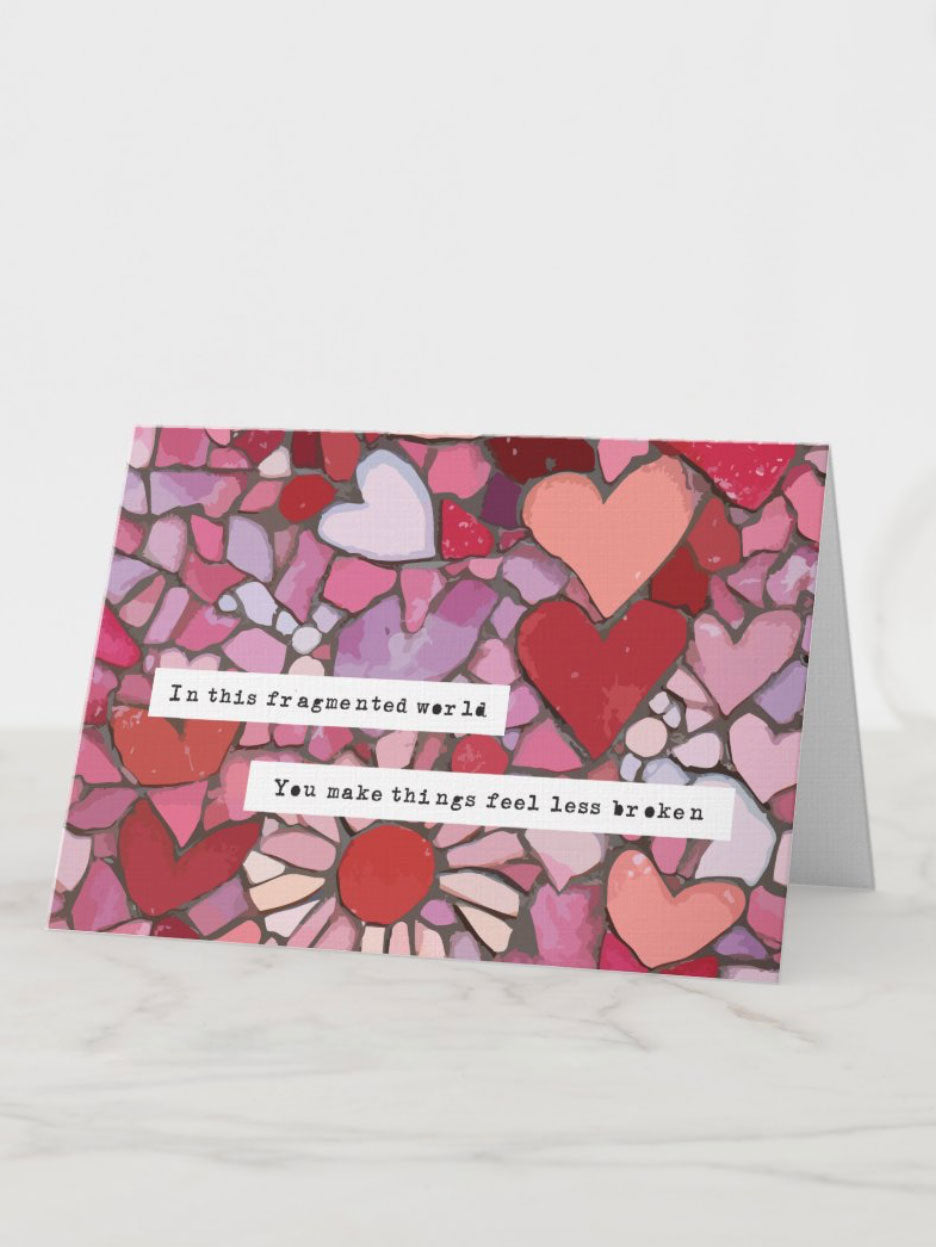 Card with heart and flower pattern and text on a white background