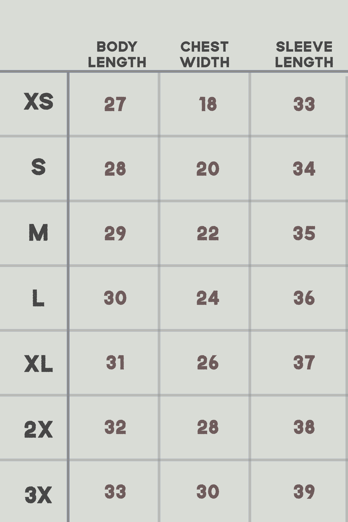 A size chart table showing body length, chest width, and sleeve length measurements for sizes XS through 3X, with dark gray text on a light gray background.