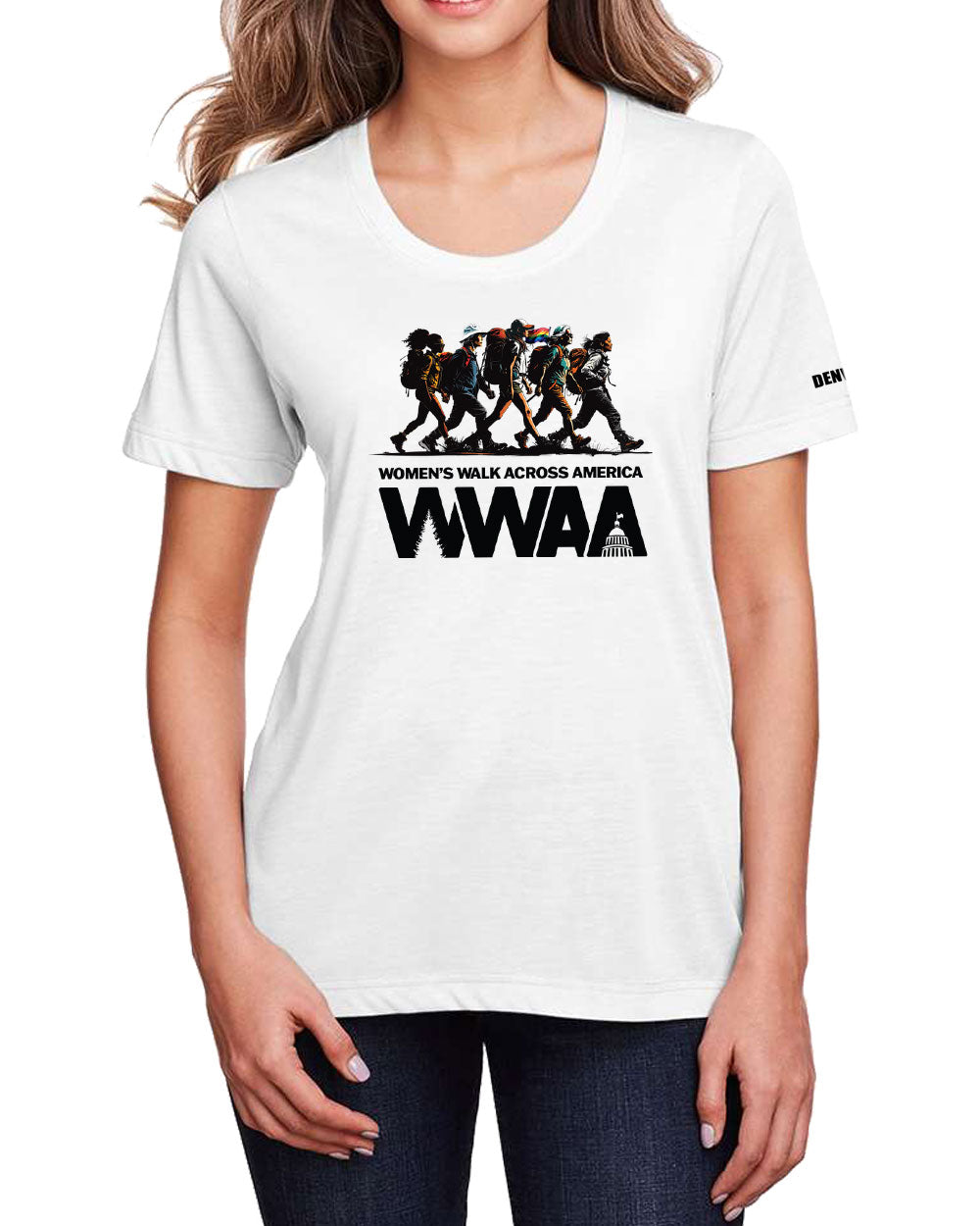 White Eleven27 t-shirt with 'WWAA' logo worn by a person- Women's Walk Across America
