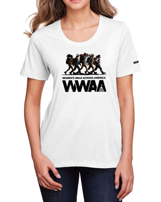 White Eleven27 t-shirt with 'WWAA' logo worn by a person- Women's Walk Across America